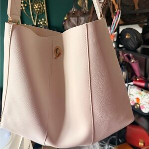 Donna Karan Cashmere Mist Cream Leather Tote Bag Gold Hardware DKNY